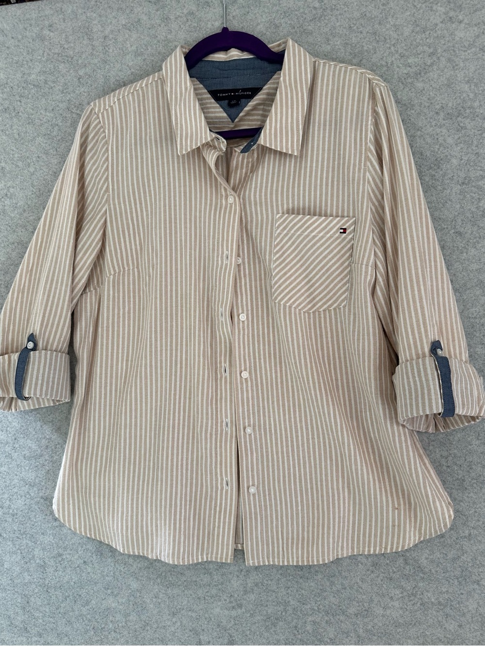 Tommy Hilfiger Beige and White Striped Collared Shirt